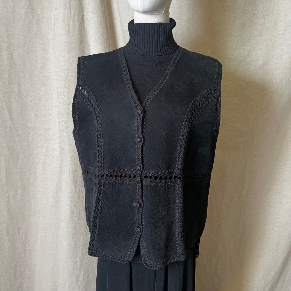 Cabin Creek Black Suede Leather Crochet Vest L Boho Western Vintage Style